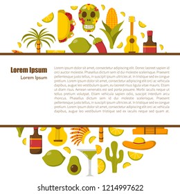 Vector cartoon illustration with Mexico icon: sombrero, native american hat, tequila, margarita, pepper, lime, palm, skull, mexican food, cactus, guitar, pyramid. Travel to Mexico concept background