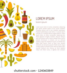 Vector cartoon illustration with Mexico icon: sombrero, native american hat, tequila, margarita, pepper, lime, palm, skull, mexican food, cactus, guitar, pyramid. Travel to Mexico concept background