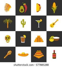 Vector cartoon illustration with Mexico icon: sombrero, native american hat, tequila, margarita, pepper, lime, palm, skull, mexican food, cactus, guitar, pyramid. Travel to Mexico concept design.