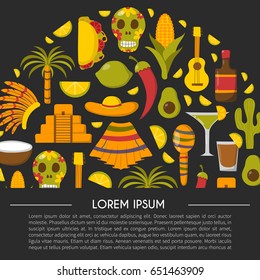 Vector cartoon illustration with Mexico icon: sombrero, native american hat, tequila, margarita, pepper, lime, palm, skull, mexican food, cactus, guitar, pyramid. Travel to Mexico concept background
