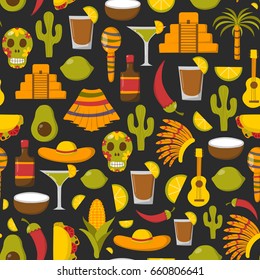 Vector cartoon illustration with Mexico icon: sombrero, native american hat, tequila, margarita, pepper, lime, palm, skull, mexican food, cactus, guitar, pyramid. Travel to Mexico concept background