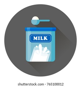 vector cartoon illustration of milk powder in a closed aluminum can / powdered milk, dairy food / flat, isolated, circle, sign and icon template