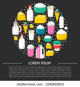 Vector cartoon illustration with milk products background: glass bottle, cottage, cream, cheese, milk cocktail, ice cream, butter. Healthy organic farm dairy food icon. Lactose intolerance objects