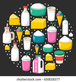 Vector cartoon illustration with milk products background: glass bottle, cottage, cream, cheese, milk cocktail, ice cream, butter. Healthy organic farm dairy food icon. Lactose intolerance objects