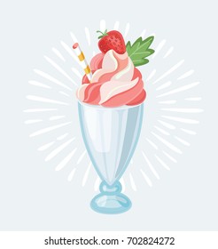 Vector cartoon illustration of Milkshake. Strawberry shake with cocktail straw decorated leaf of mint and berry. Isolated object on white background