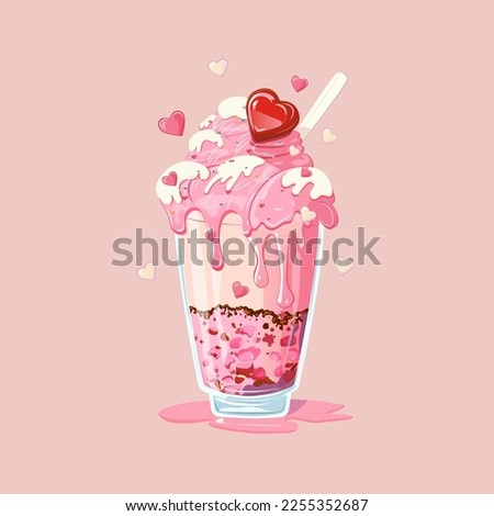Vector cartoon illustration of Milkshake. Strawberry shake with cocktail straw decorated leaf of mint and berry. Isolated object on white background