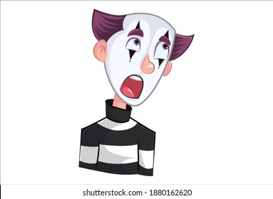 Vector cartoon illustration. Mime boy is looking upside. Isolated on white background.