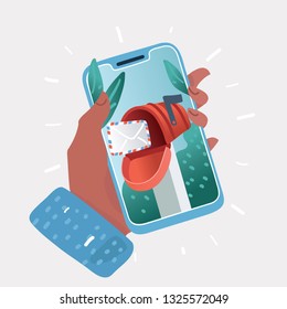 Vector cartoon illustration of Vector mobile app - email marketing and promotion. Human hands with phone.