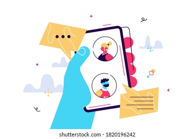 Vector cartoon illustration of Mobile messenger concept. People chatting on the smart phone's screen. Human hands hold smartphone.