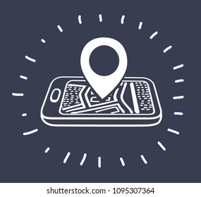 Vector cartoon illustration of Mobile navigation Location check-in. Destination on smartphone display on dark background. Modern outline concept in black and white.