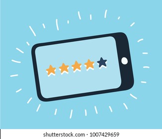 Vector cartoon illustration of mobile phone with a suggestion to put an estimate. View the ranking in the form of stars. Feedback or evaluation. Thin line vector illustration.