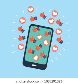 Vector cartoon illustration of mobile phone with social network feedback emoticons : thumbs up, love (like), online communication, blogging, article feedback concepts.