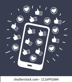 Vector cartoon illustration of Mobile with thumbs up and heart symbols in display and arround. Black and white modern concept on dark background.