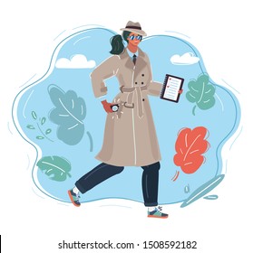 Vector cartoon illustration of model wearing sunglasses and a black raincoat.