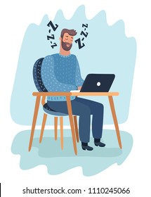 Vector cartoon illustration of modern design illustration on tired beard man at work. Exhausted office worker sleeping on his desk.