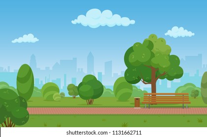 Vector cartoon illustration of a modern empty city park with skyscrapers buildings background.