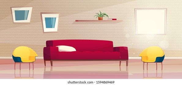 Vector cartoon illustration of modern living room with furniture. A red sofa and  yellow armchairs, a window with sunshine, paintings on the wall and shelf. Minimalistic concept interior.