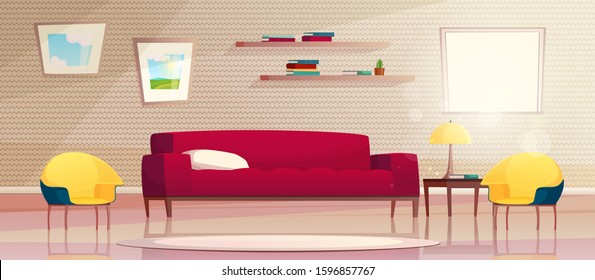 Vector cartoon illustration of modern living room with furniture. A red sofa and  yellow armchairs, a window with sunshine, paintings on the wall and shelf. Minimalistic concept interior.