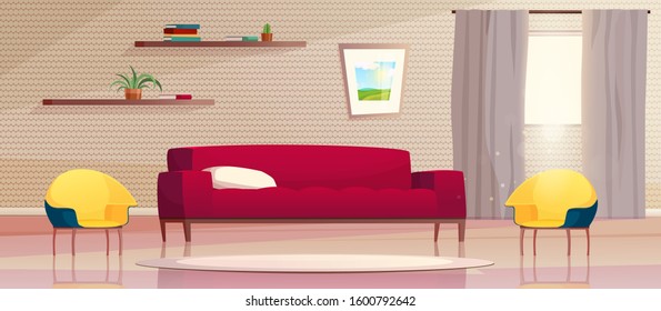 Vector cartoon illustration of modern living room with furniture. A red sofa and  yellow armchairs, a window with sunshine, paintings on the wall and shelf. Minimalistic concept interior.