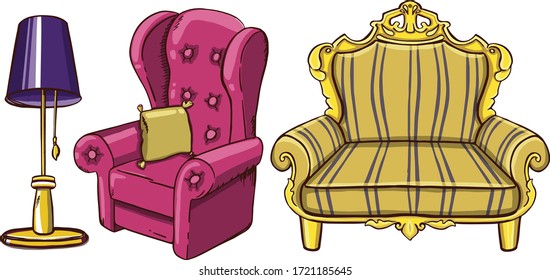 Vector cartoon illustration of modern living room furniture. A sofa and  armchair,  lamp. Minimalistic concept interior 01