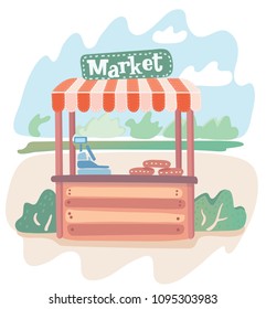 Vector cartoon illustration of Modern market stall on summer park landscape.