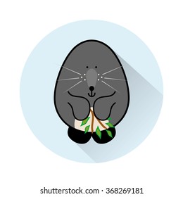 Vector cartoon illustration of mole with branch. Blue round background with long shadow. Flat style icon element for design. Cute  forest, wild animal