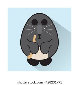 Vector cartoon illustration of mole with earthworm. Blue square background with long shadow. Flat style icon element for design. Cute  forest, wild animal