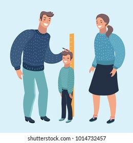 Vector cartoon illustration of a Mom and Dad Measuring the Current Height of Their Son. Human modern character on isolated backgrund.