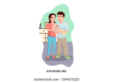 Vector cartoon illustration of mom and dad both hugging baby. Isolated on white background.
