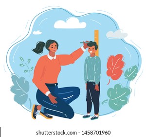 Vector cartoon illustration of a Mom Measuring the Current Height of his Son. Human modern character.