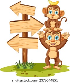 A vector cartoon illustration of a monkey standing beside a wooden signboard with arrow directions