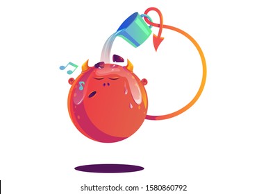 Vector cartoon illustration of monster with bathing mug. Isolated on white background.