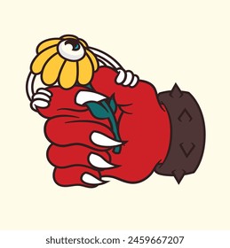 vector cartoon illustration of a monster hands holding flower can used for merch, poster, prints, stickers, and graphics
