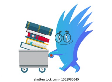 Vector cartoon illustration. Monster is holding  trolley of books and wearing glasses. Isolated in white background.