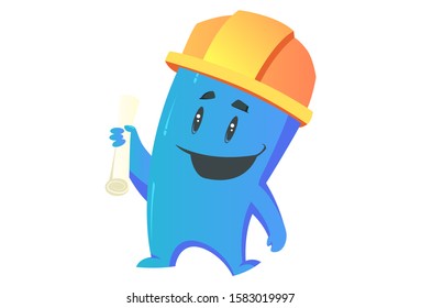 Vector cartoon illustration. Monster holding paper in hand and wearing engineer cap. Isolated on white background.