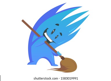 Vector cartoon illustration of monster with mop. Isolated on white background.