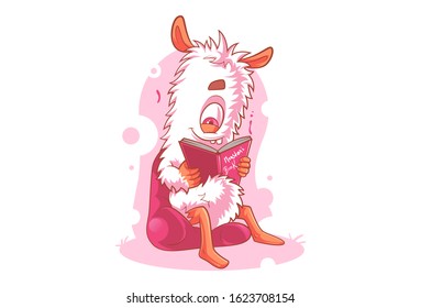 Vector cartoon illustration of monster reading the book. Isolated on white background.