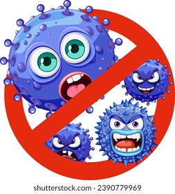 A vector cartoon illustration of a monster-like bacteria germ virus with a cross sign, urging to stop its spread