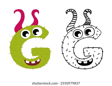 Vector cartoon illustration of monsters letter english alphabet. Color and outline drawing. Coloring book for primary children.
