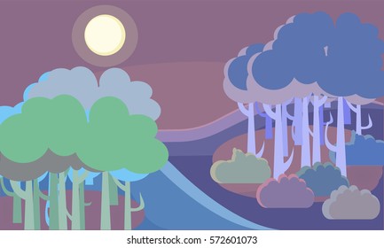 Vector cartoon illustration of moonlight night in forest.