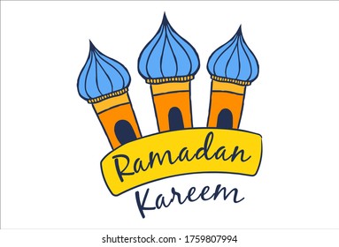 Vector cartoon illustration of mosque dome. Lettering text- Ramadan Kareem. Isolated on white background.