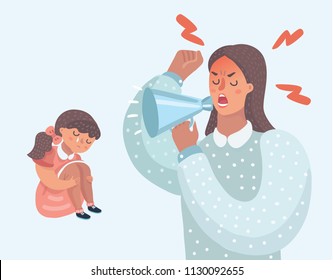 Vector cartoon illustration of Mother angry with her daughter. Woman cry at her with speak-louder. Little girl crying. demanding mother, improper upbringing, psychological problems in the family.