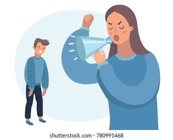 Vector cartoon illustration of mother character scolds in megaphone at her son. Human characters on white isolated background. Angry parent. Wrong education, psychology.