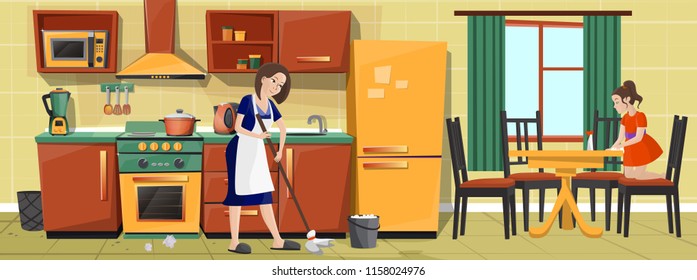 Vector cartoon illustration, mother and daughter cleaning kitchen, doing housework together. Housewife mopping floor, girl helping her and whipping dinner table. Happy family life concept background