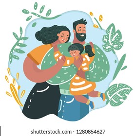 Vector cartoon illustration of Mother and father hugs daughter. Love of paretns. Human characters.