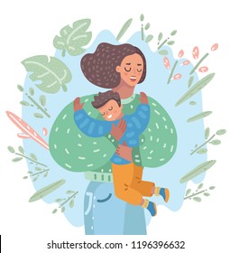 Vector cartoon illustration of mother gently hug her son and tell him I love you vector. motherhood, parenthood, adoption. Happy kid.