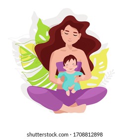 Vector cartoon illustration of mother gently hug her baby   vector. motherhood, parenthood, adoption. Happy kid.