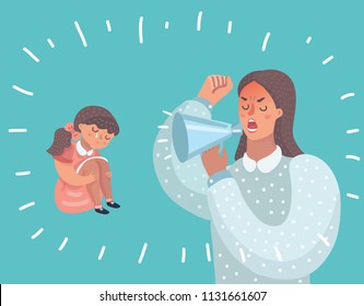 Vector cartoon illustration of mother and her daughter. Little girl crying.