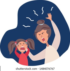 Vector cartoon illustration Mother shouting and beating at little girl. Crying children, kids neurosis.
