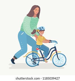 Vector cartoon illustration of Mother teaching girl to ride the bike for a first time. Women help to riding her daughter. Human carachters on white background.